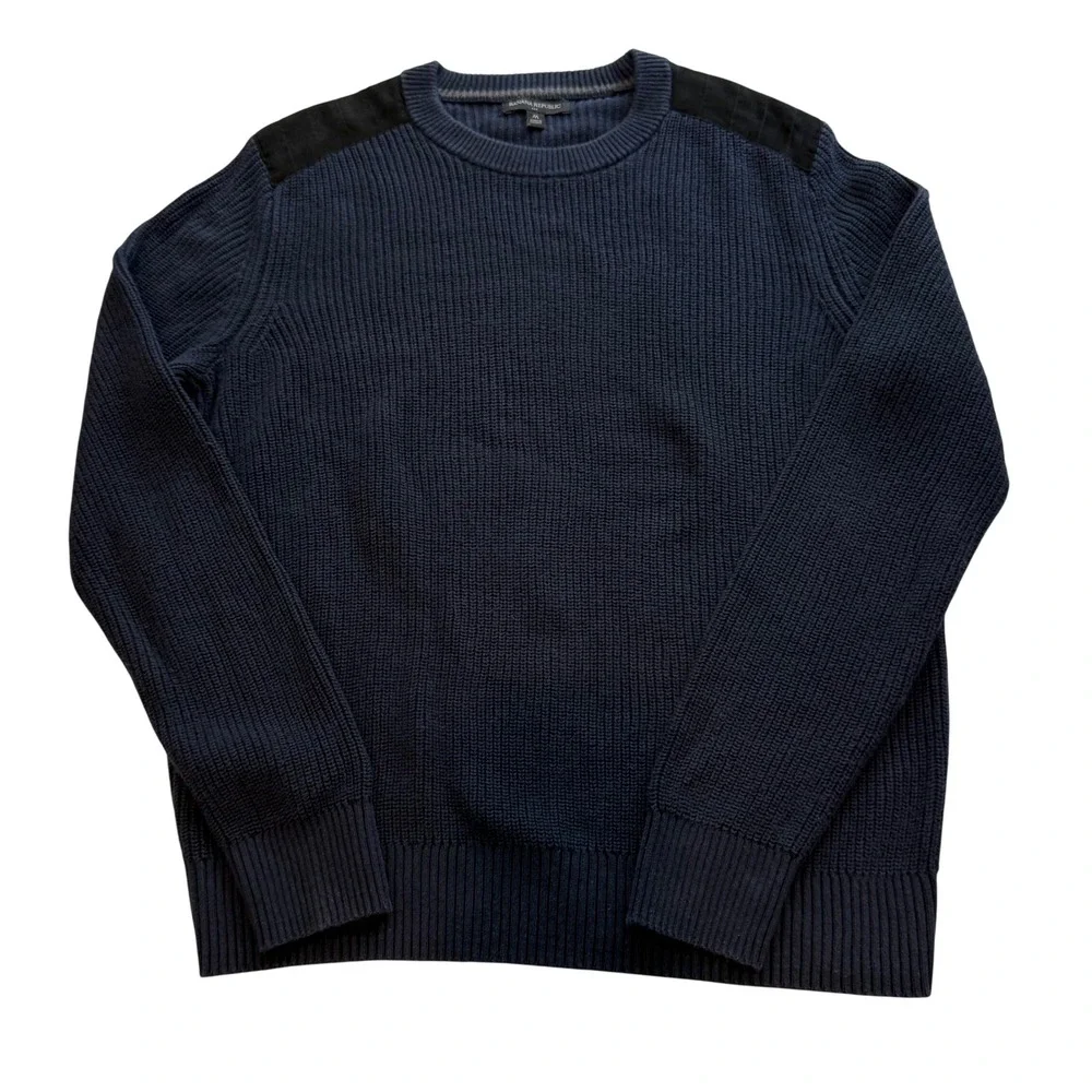 Banana Republic Mens Navy Ribbed Cotton Sweater Shoulder Patches military